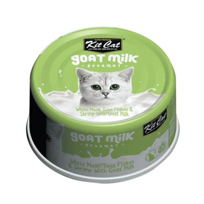 Hrana umeda pentru pisici, Kit Cat Goat Milk Gourmet, Fasii de ton alb creveti cu lapte de capra, 70g