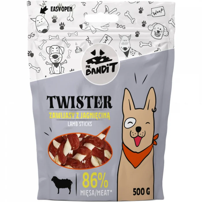 Recompense pentru caini Mr. Bandit TWISTER, miel, 500g