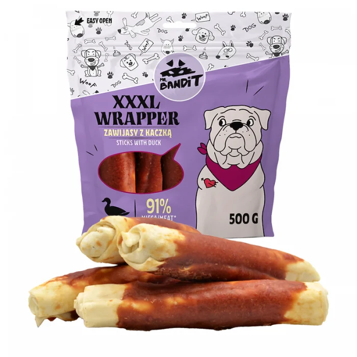Recompense pentru caini Mr. Bandit WRAPPER XL, 13 cm, rata, 500g