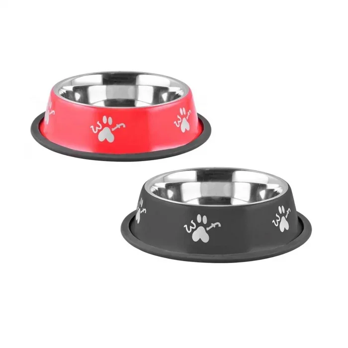 Bol pentru hrana animale cu suport gumat, inox, Agility, diametru, PC1114A, 15,5 cm, model labute, negru rosu , 180 ml