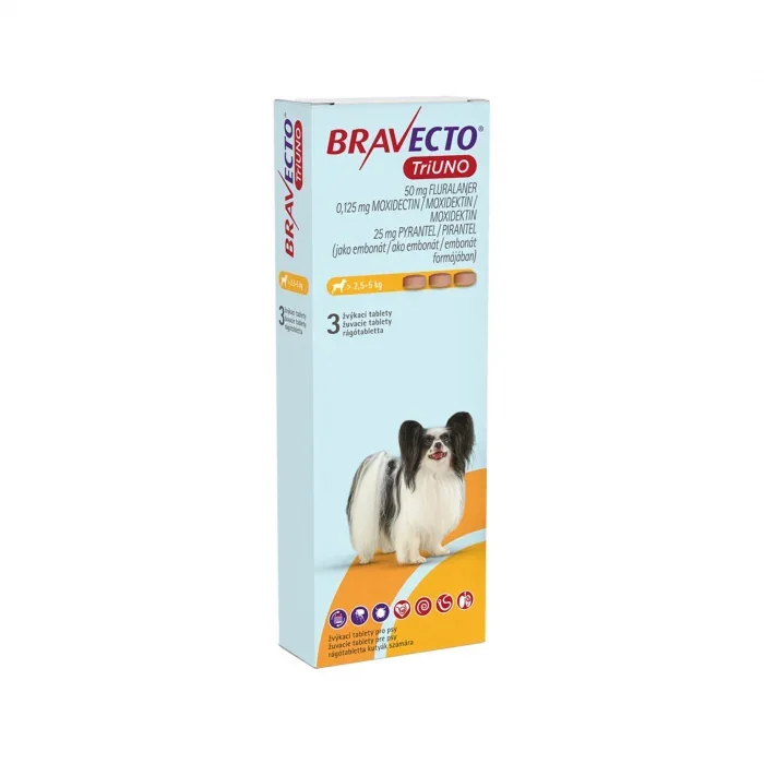 BRAVECTO TRIUNO antiparazitar intern si extern pentru caini 50mg (2.5-5 kg) - 3 tablete masticabile