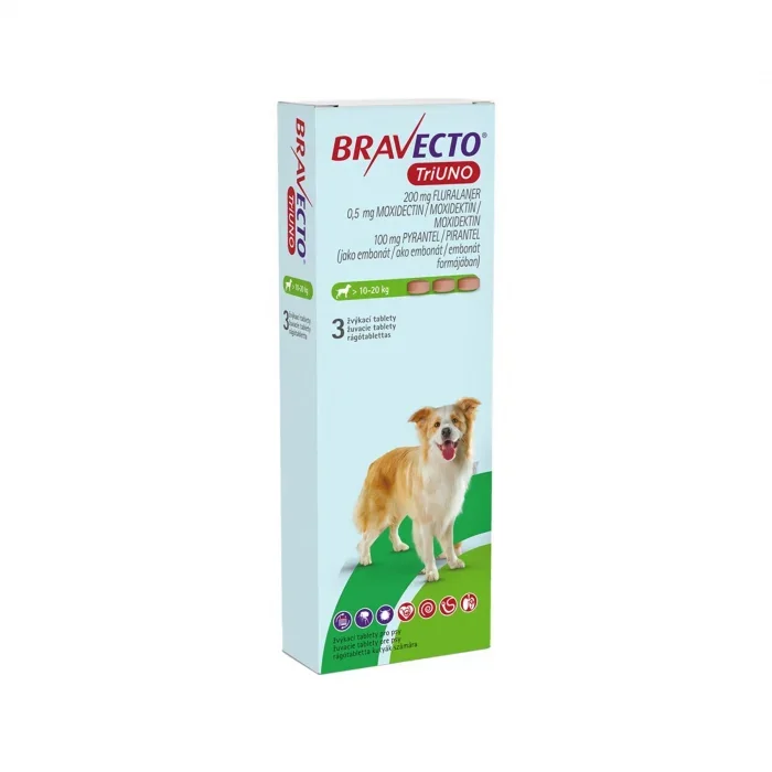 BRAVECTO TRIUNO antiparazitar intern si extern pentru caini 200mg (10-20 kg) - 1 tableta masticabila