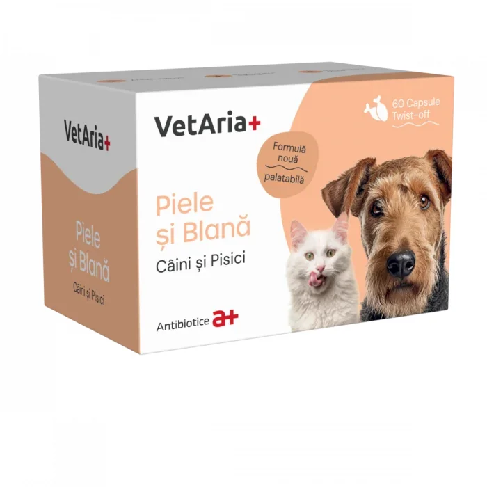 VetAria, Supliment piele si blana, caini si pisici, 60 capsule, twist off