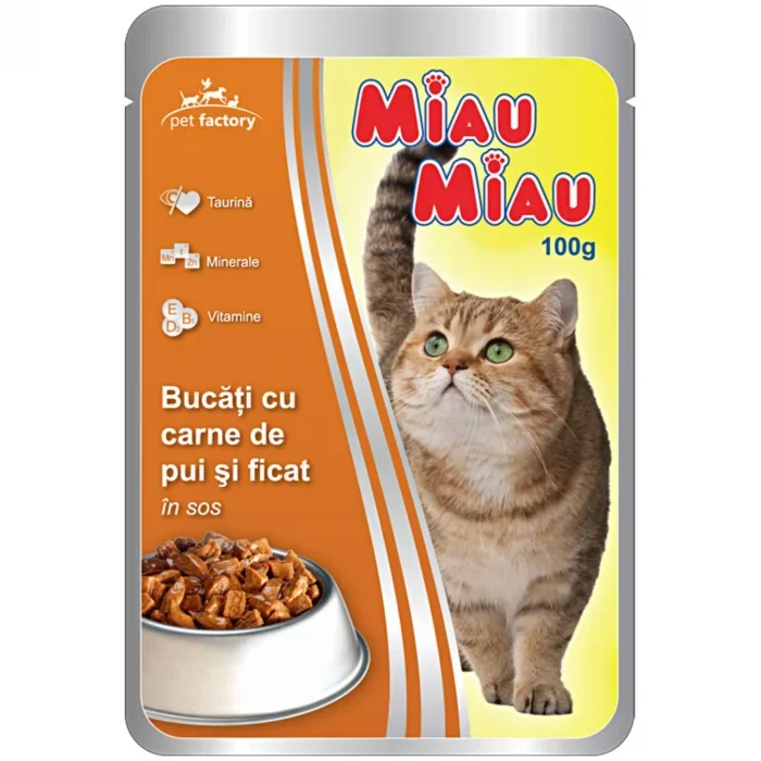 Hrana umeda pisici, Miau Miau, Pui si ficat in sos, 100g