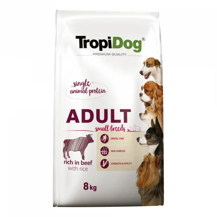 TropiDog, hrana uscata Premium Talie mica cu Vita si orez,  8 kg