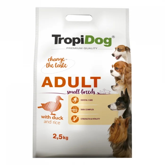 TropiDog, hrana uscata Premium Talie mica cu Rata si orez,  2.5 kg