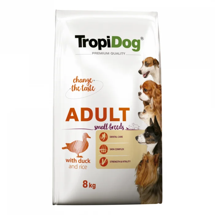 TropiDog, hrana uscata Premium Talie mica cu Rata si orez,  8 kg