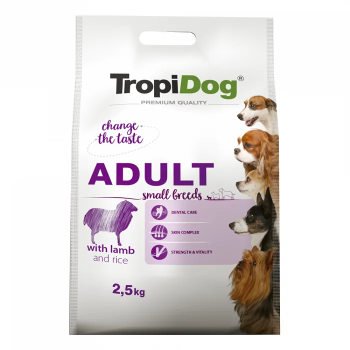 TropiDog, hrana uscata Premium Talie mica cu Miel si orez,  2.5 kg