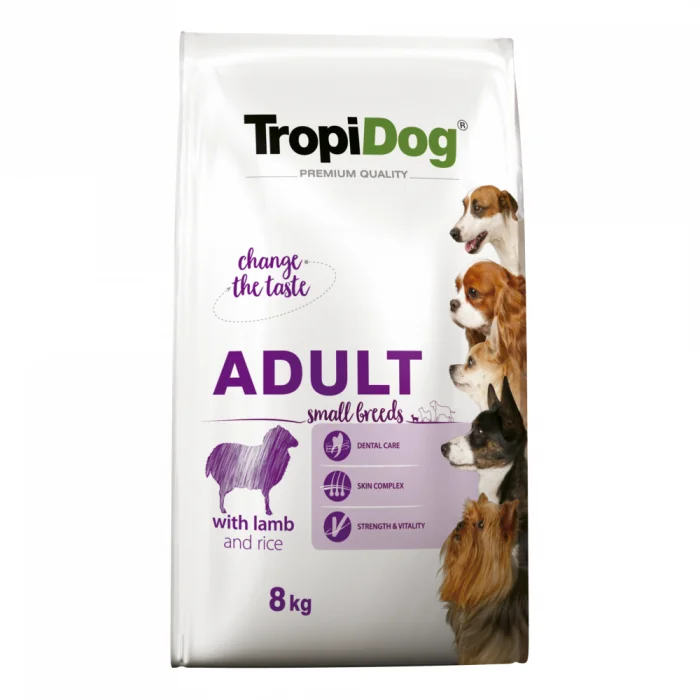 TropiDog, hrana uscata Premium Talie mica cu Miel si orez,  8 kg