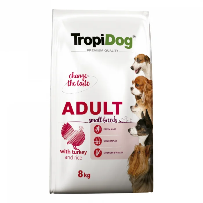 TropiDog, hrana uscata Premium Talie mica cu Curcan si orez,  8 kg