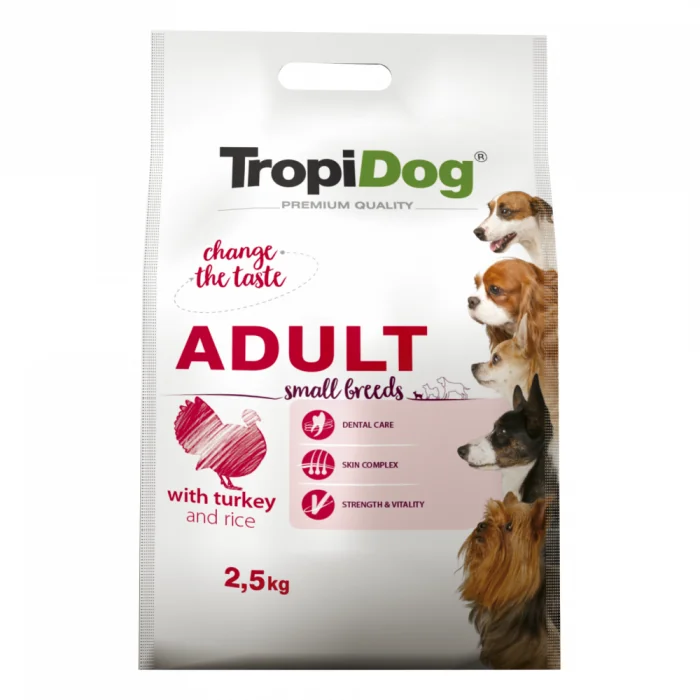 TropiDog, hrana uscata Premium Talie mica cu Curcan si orez,  2.5 kg