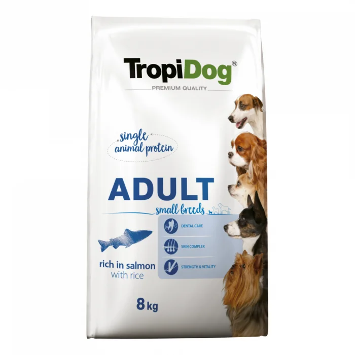 TropiDog, hrana uscata Premium Talie mica cu Somon si orez,  8 kg