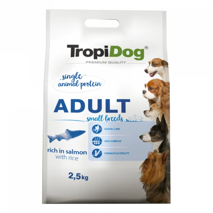 TropiDog, hrana uscata Premium Talie mica cu Somon si orez,  2.5 kg