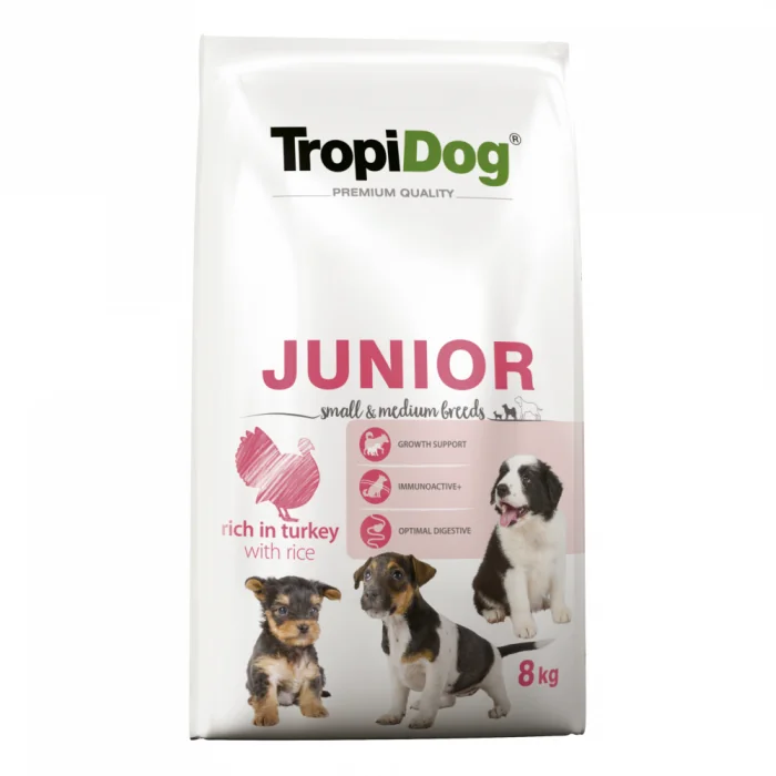 TropiDog, hrana uscata Premium Junior Talie mica si medie,  8 kg