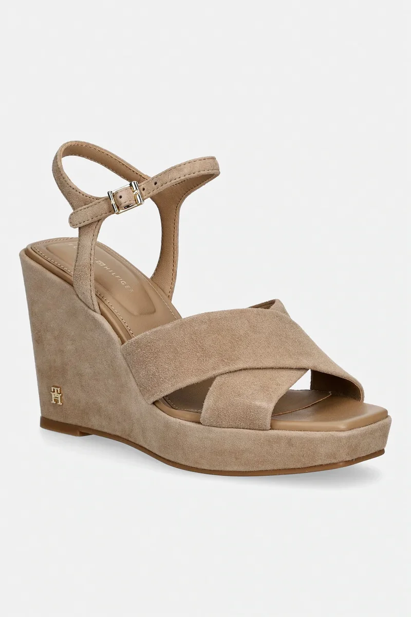 Tommy Hilfiger sandale wedges din piele întoarsă SUEDE WRAPPED HIGH WEDGE