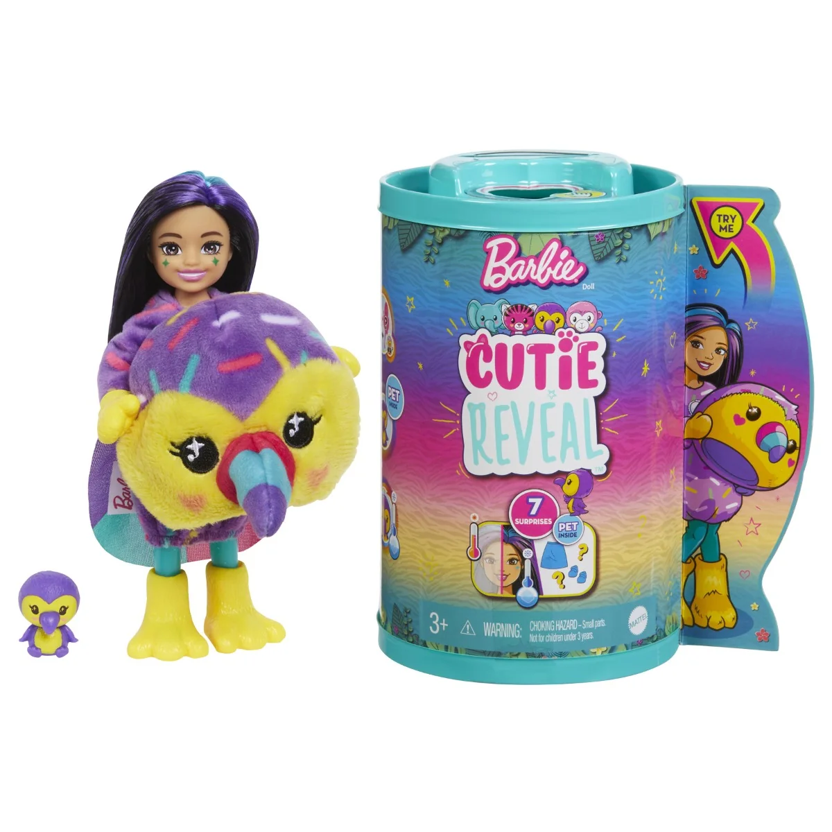 Papusa Chelsea, Barbie, Cutie Reveal, Papagal Tucan, 7 surprize, HKR16