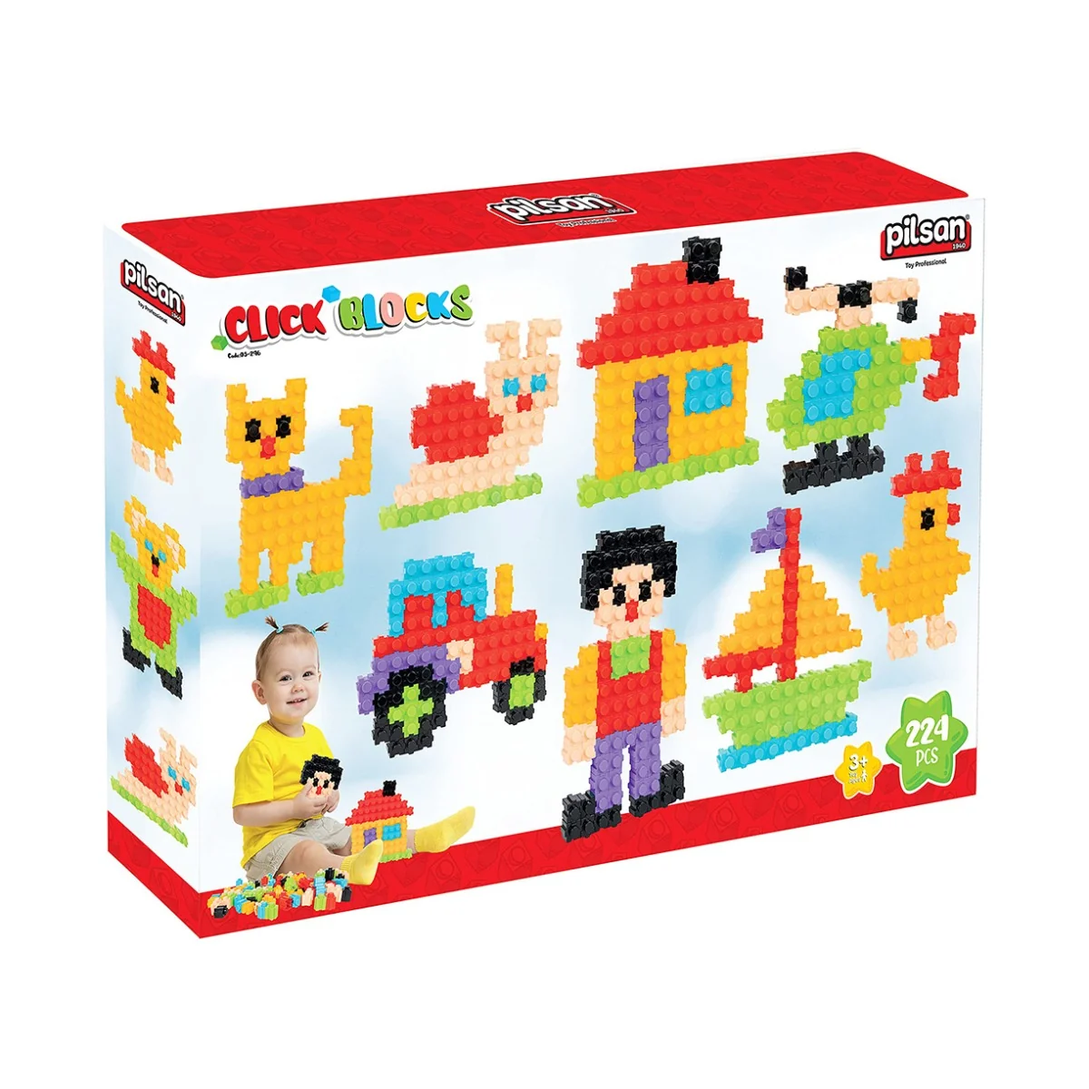 Set de joaca, cutie cu blocuri de construit, Click Blocks, Pilsan, 224 piese