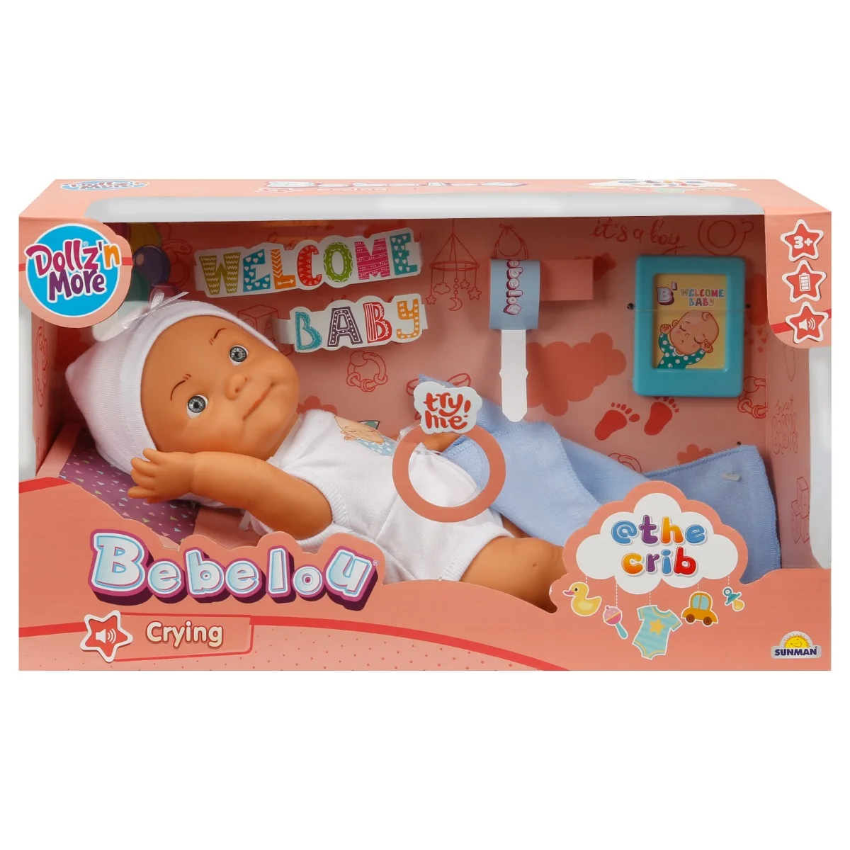 Papusa bebelus, Bebelou, Dollz n More, Bine ai venit, 30 cm, Albastru