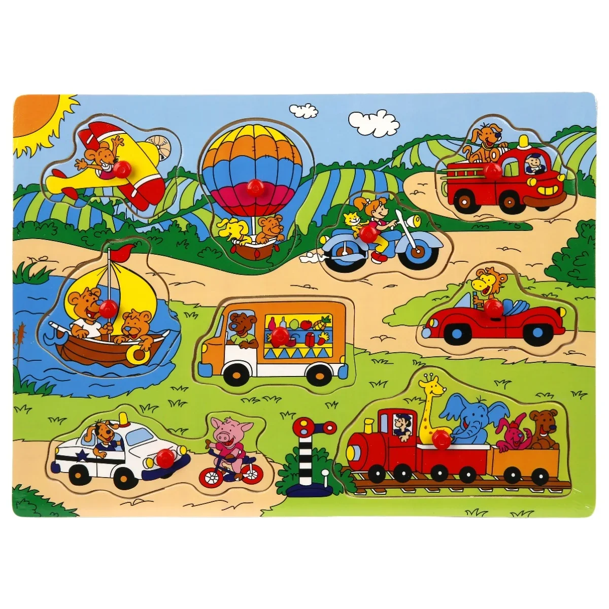 Puzzle din lemn, Gasiti si conectati animalele si vehiculele, 7, 8 piese
