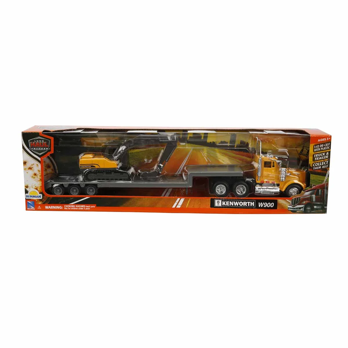 Camion transportator cu excavator, New Ray, Kenworth W900, 1:43