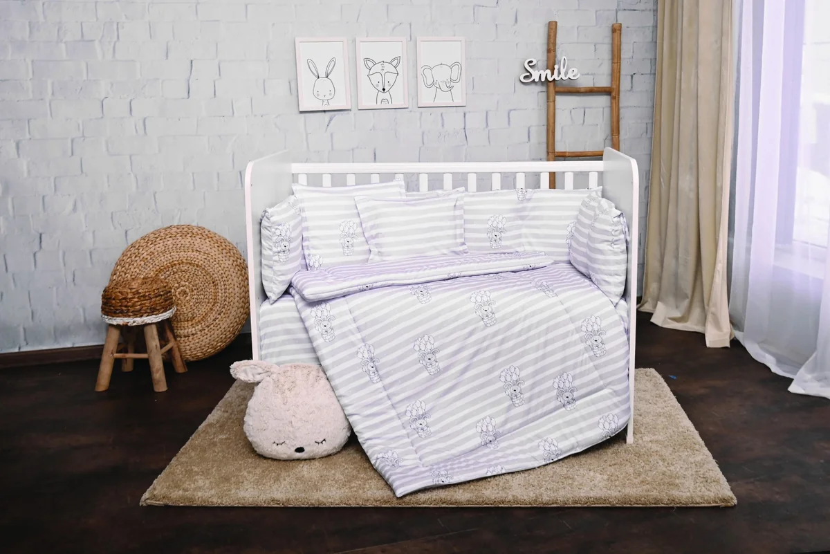 Set lenjerie de pat Lorelli, cu 7 piese din bumbac ranforce, Lily, Grey Striped