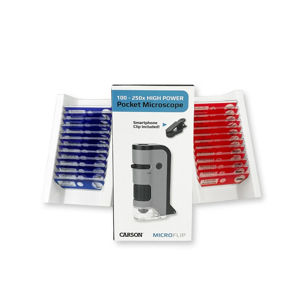 Microscop portabil cu LED si UV, Carson, cu adaptor de smartphone, 24 de lamele pregatite, marire 100-250x, MicroFlip