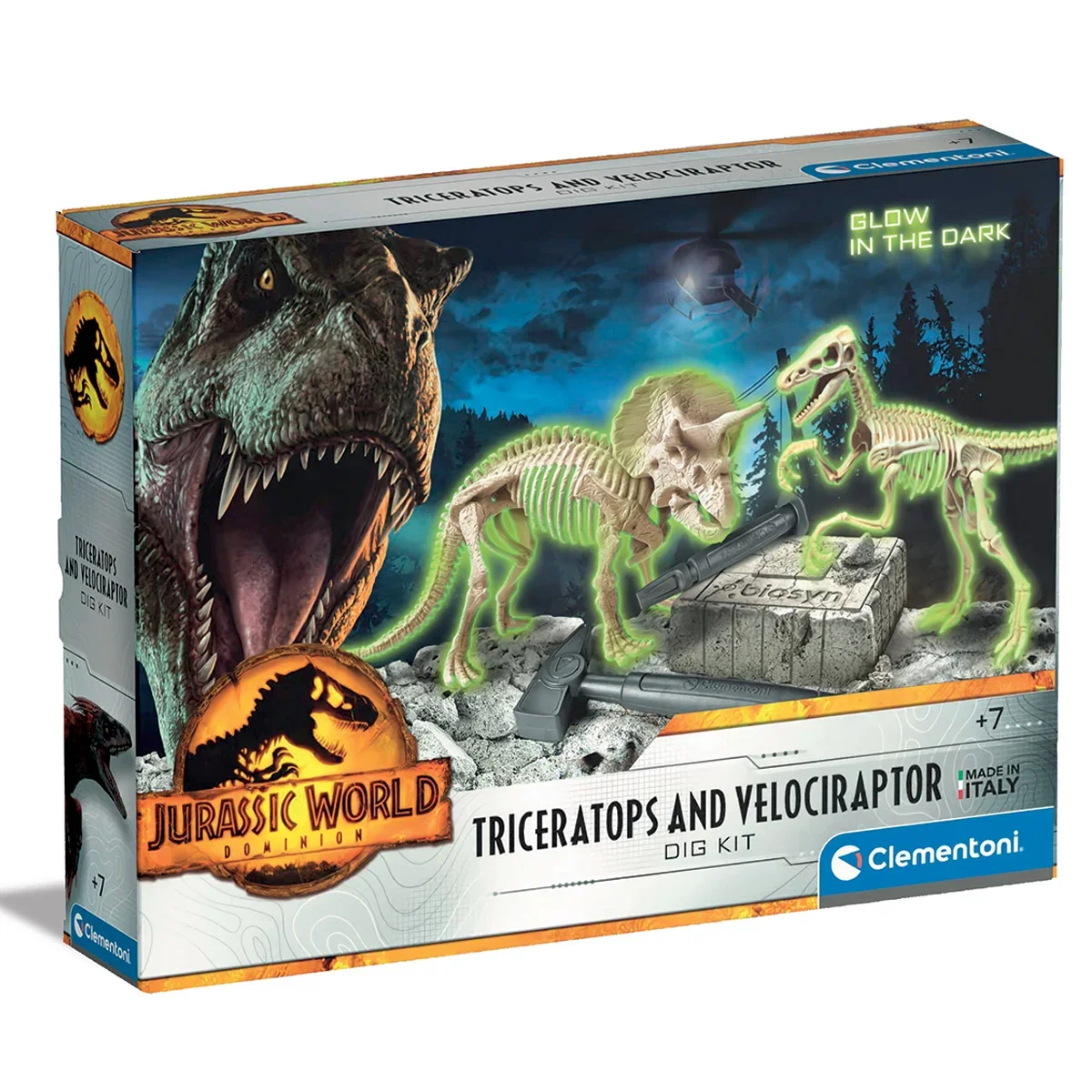 Kit arheologic, Clementoni, Glow in the Dark, Triceratops si Velociraptor
