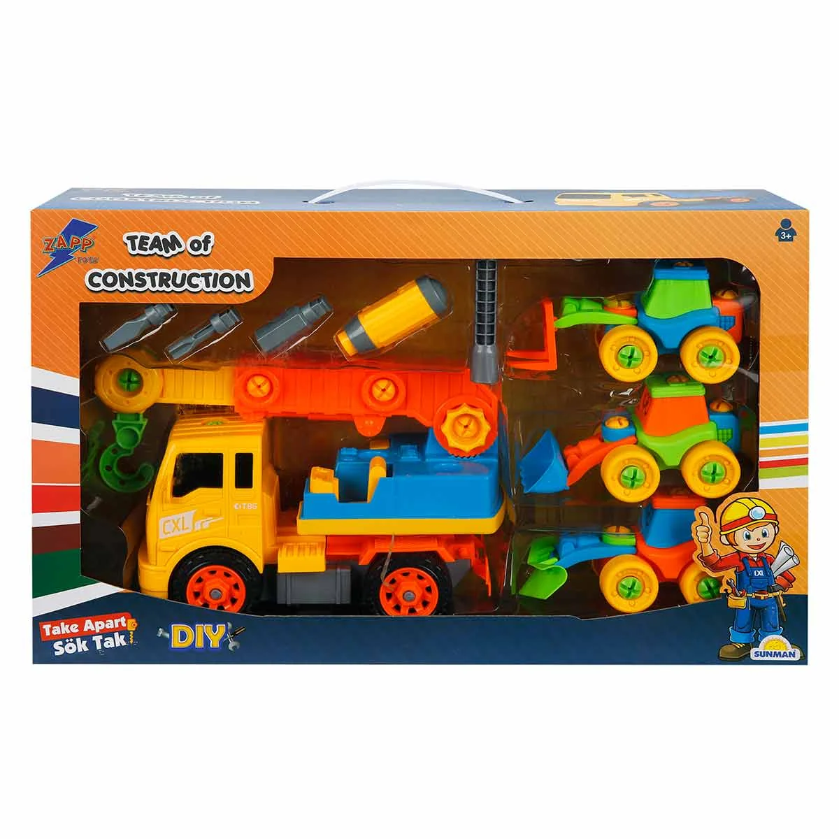 Set 4 vehicule de constructie si accesorii, Zapp Toys, Macara