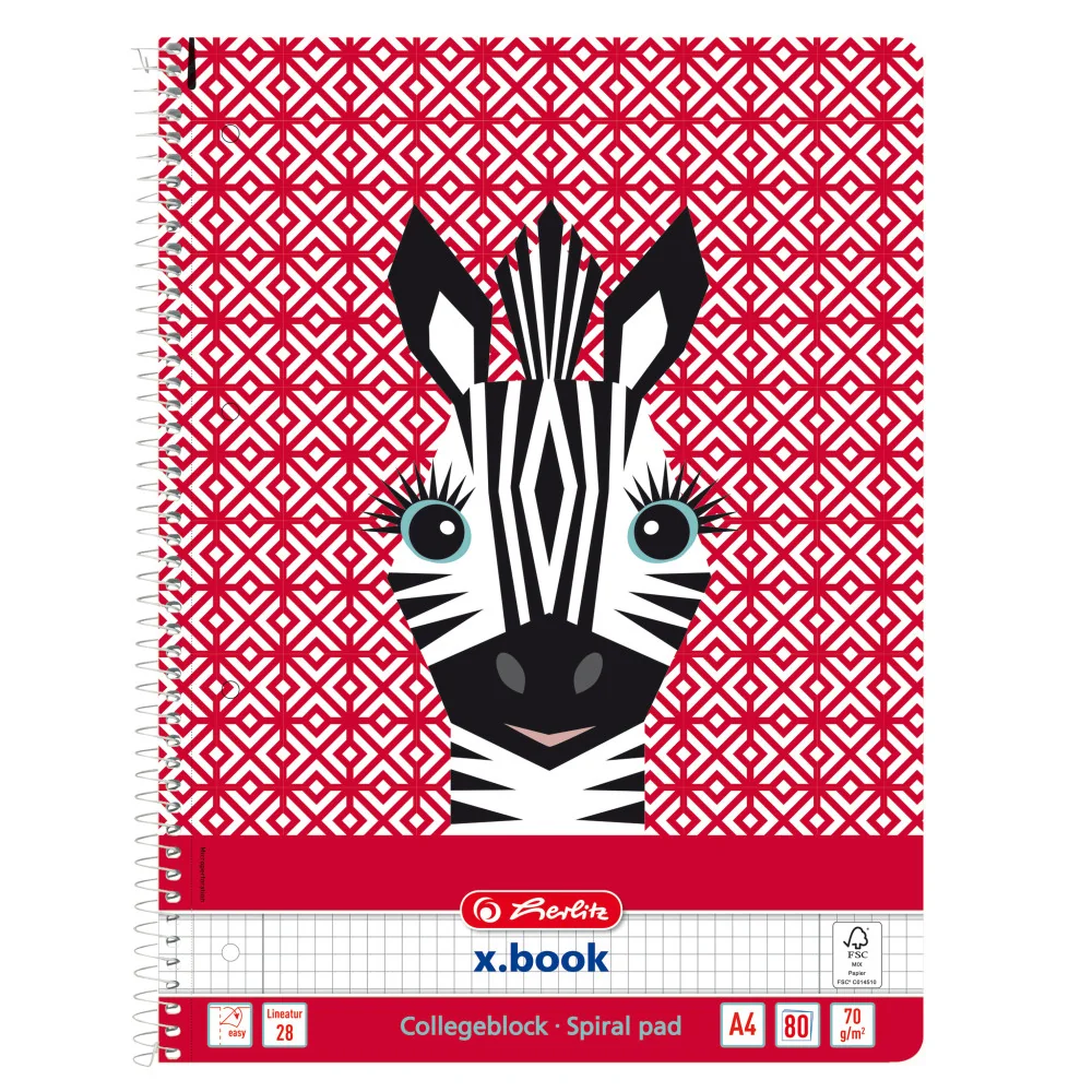 Caiet matematica cu spirala, A4, Herlitz, Cute Animals, Zebra, 80 file