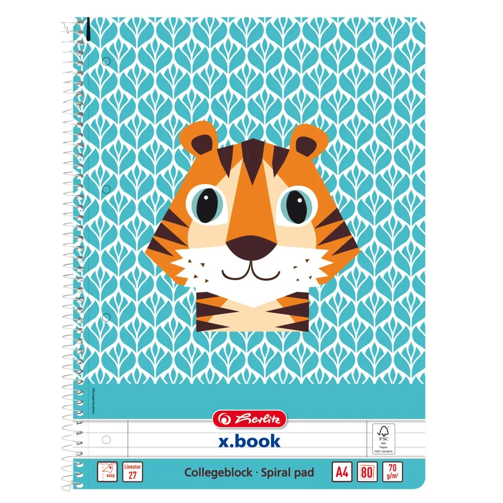 Caiet dictando cu spirala, A4, Herlitz, Cute Animals, Tigru, 80 file