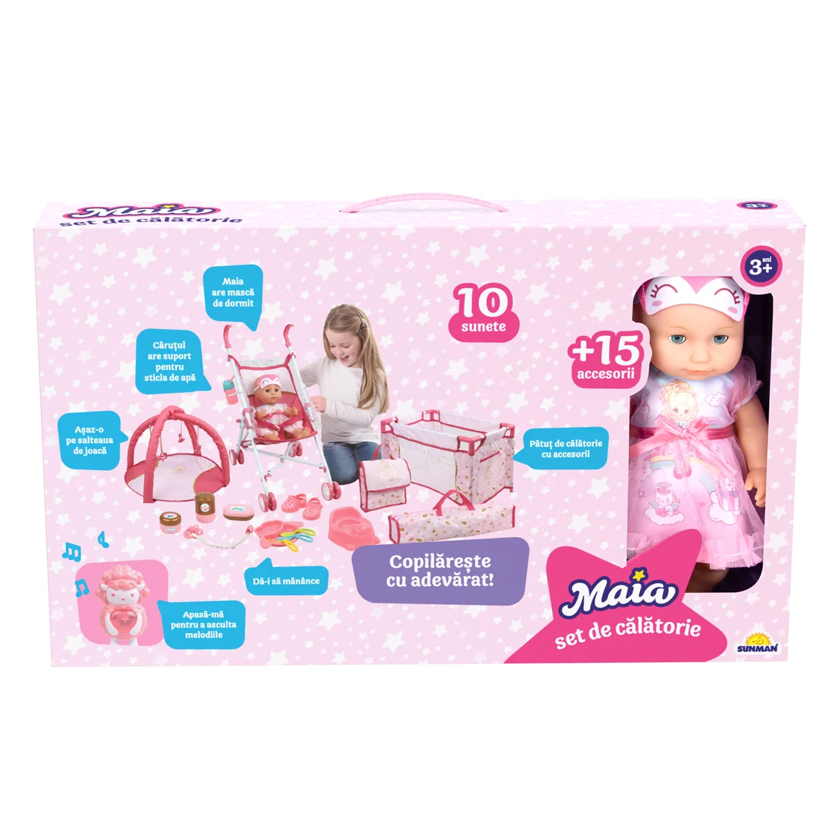 Set de calatorie cu papusa bebelus, Maia, 15 accesorii