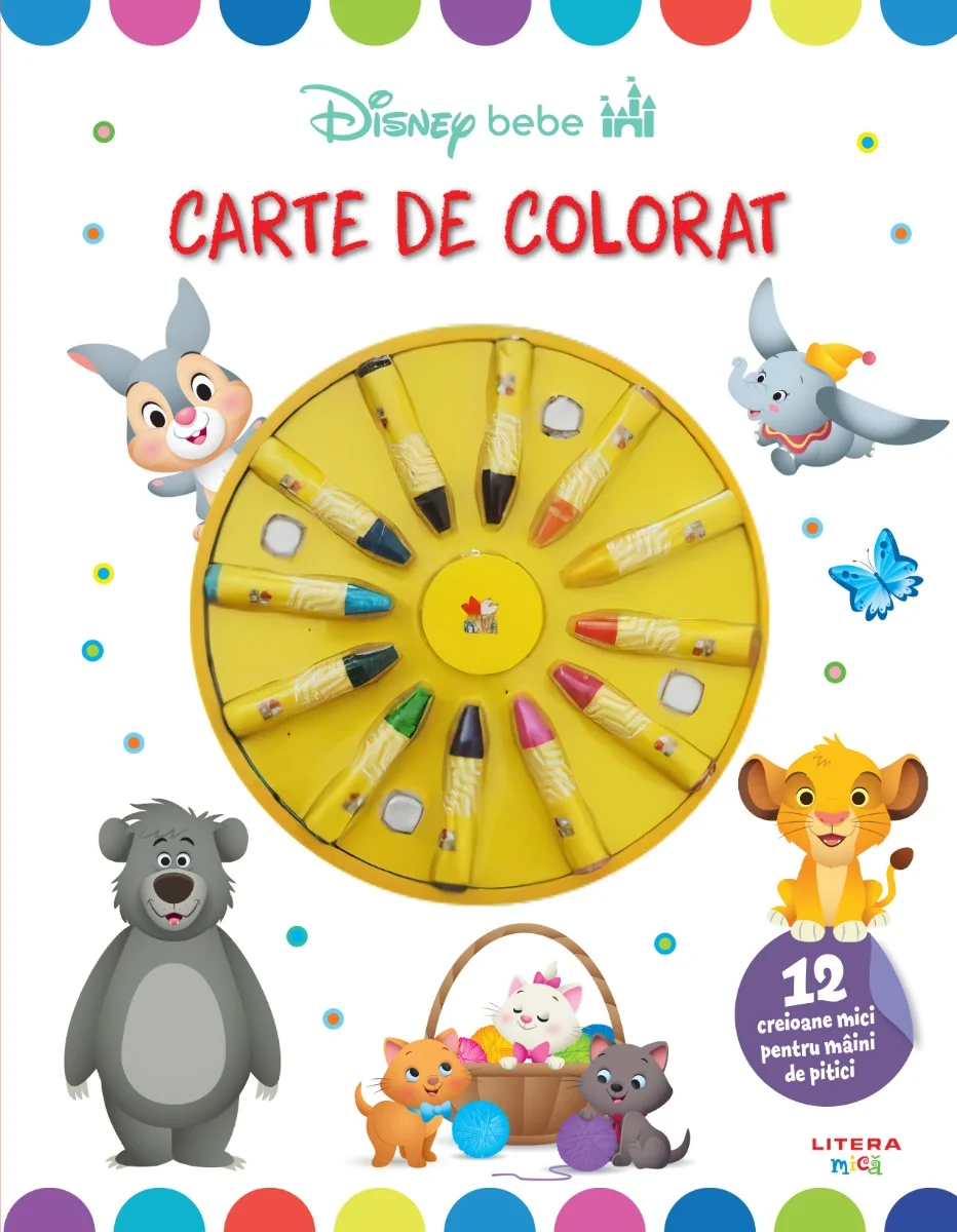 Disney Bebe, Carte de colorat, 12 creioane mici pentru maini de pitici