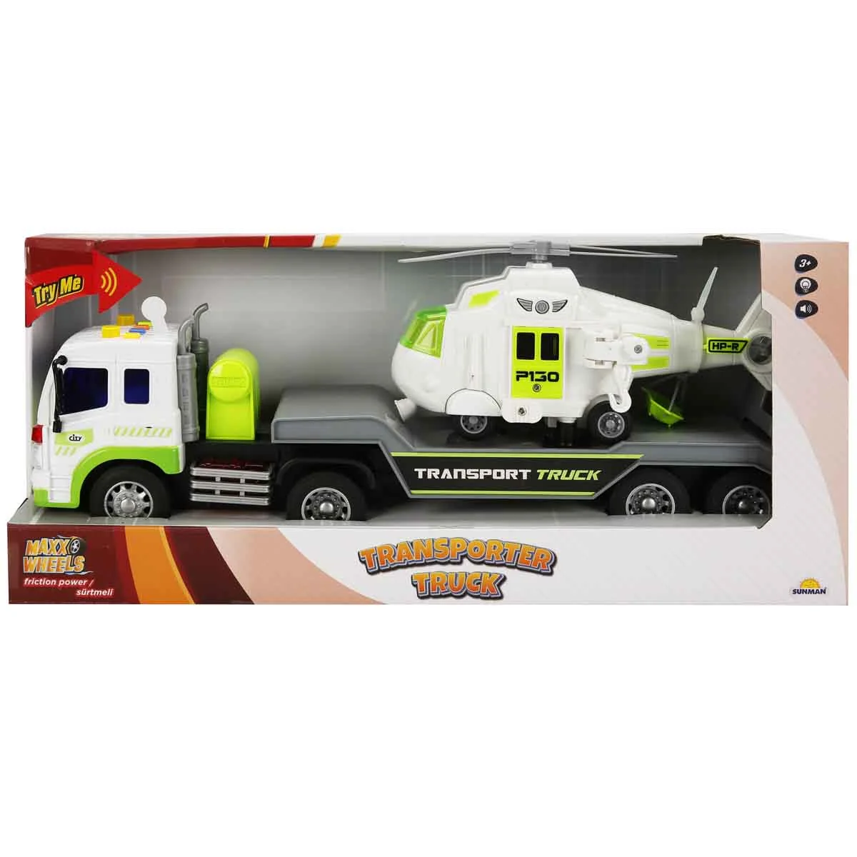 Set transportator cu elicopter, Maxx Wheels, Alb, 1:16