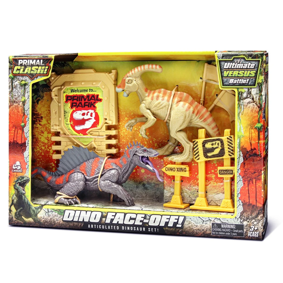 Set de joaca cu 2 dinozauri si accesorii, Lanard Toys, Primal Clash, Gri-Bej
