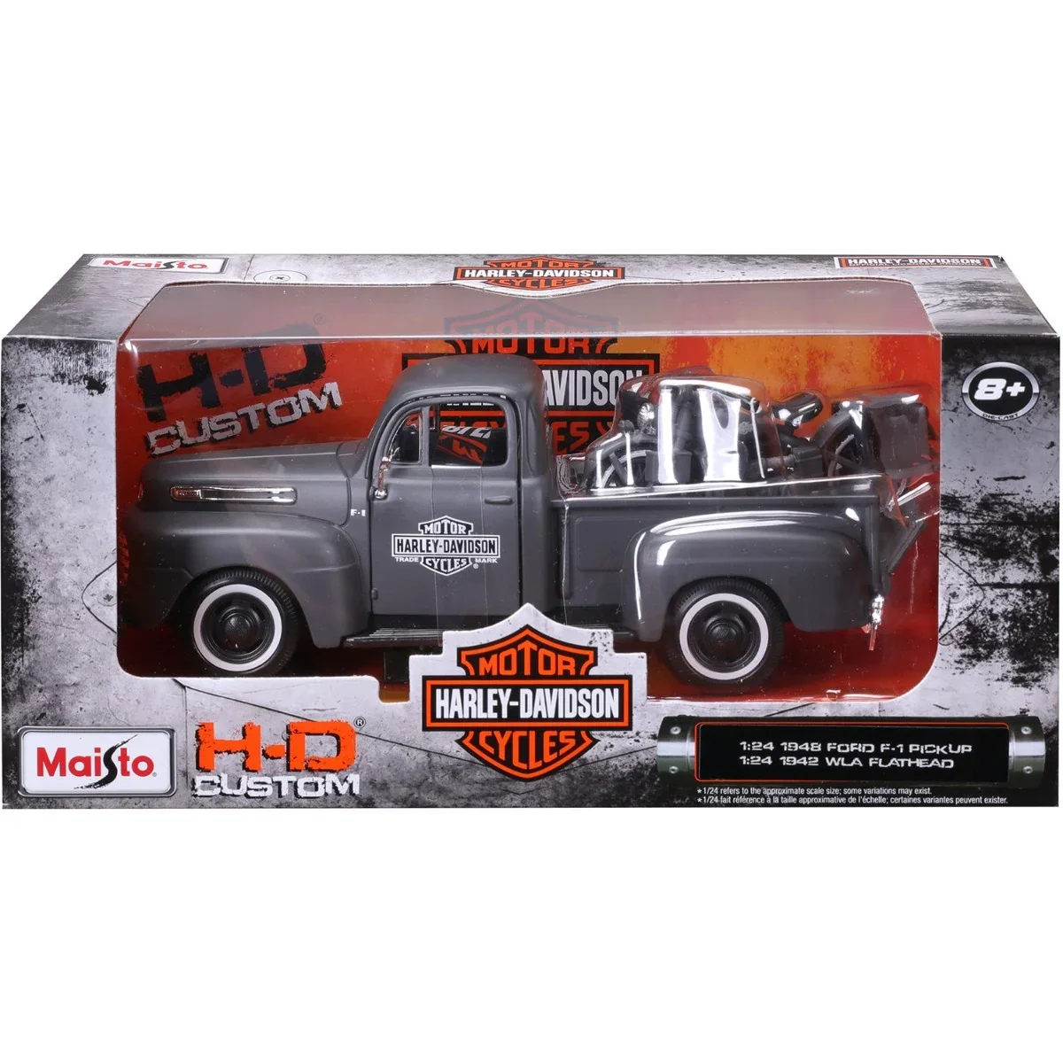 Set masina si motocicleta, Maisto, H-D Custom, 1948 Ford F1 Pick Up si 1942 WLA Flathead, 1:24