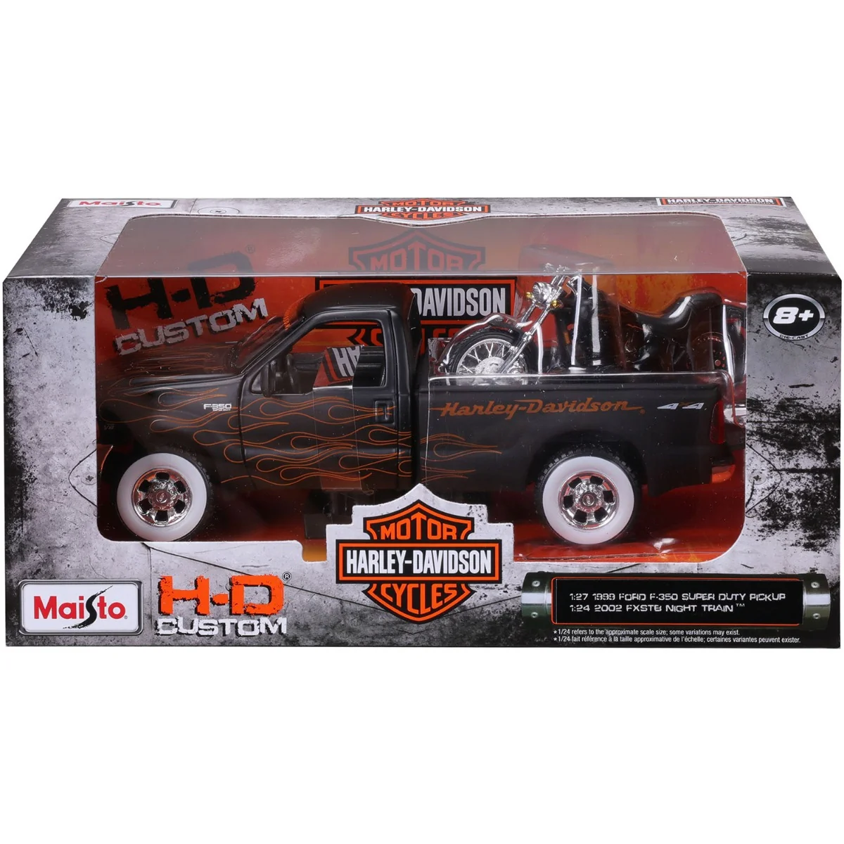 Set masina si motocicleta, Maisto, H-D Custom, 1999 Ford F350 Super Duty Pick Up 1:27 si 2002 FXSTB Night Train, 1:24