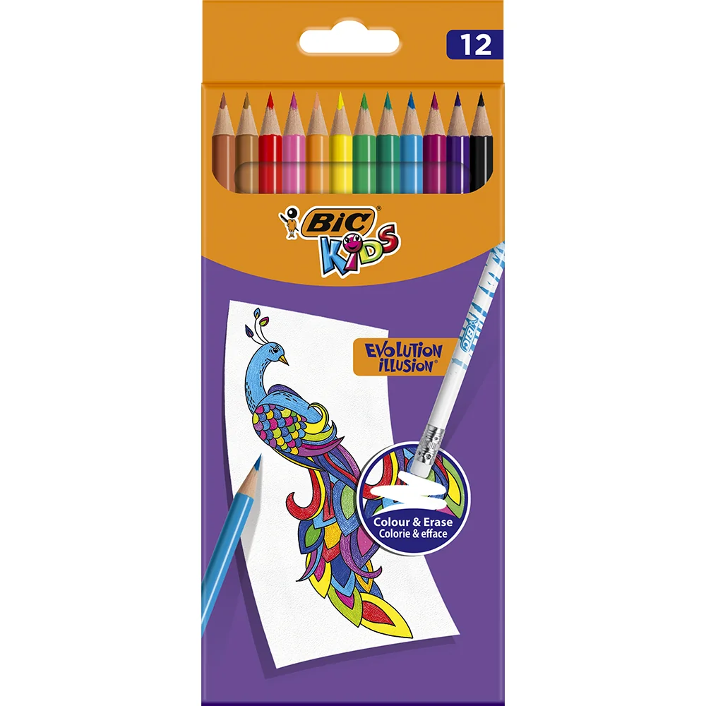 Creioane colorate cu guma de sters Evolution Illusion Bic, 12 culori
