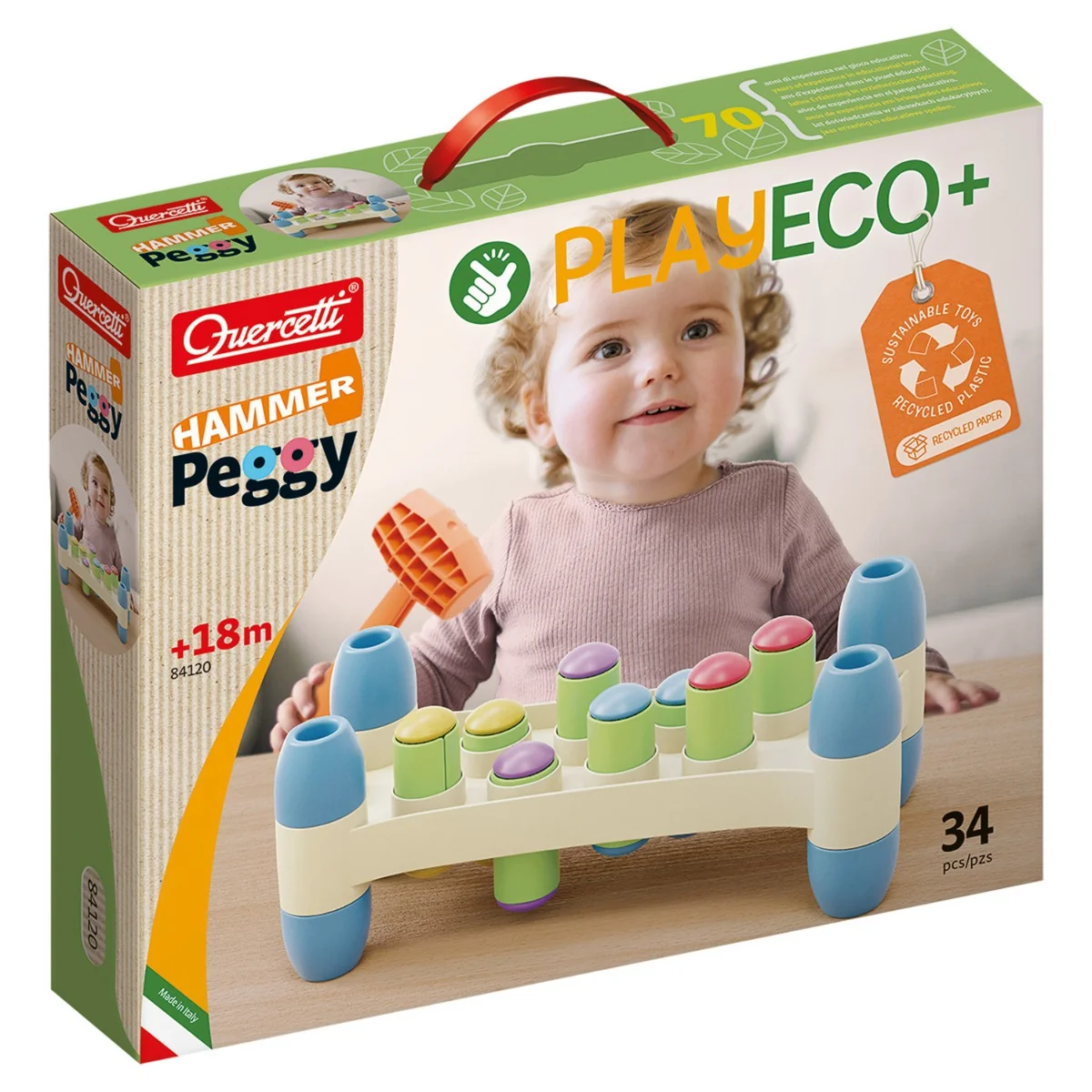 Jucarie bebelusi, Quercetti, Hammer Peggy, Play Eco, 34 piese