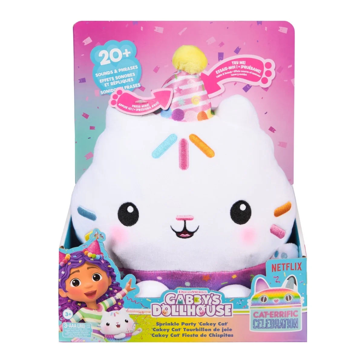 Jucarie de plus interactiva, Gabbys Dollhouse, Sprinkle Party Cakey, 25 cm, 6071152