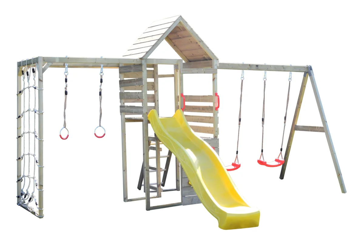 Turn de joaca cu 2 platforme, Wendi Toys, panou de catarare, tobogan, leagan dublu si modul de gimnastica
