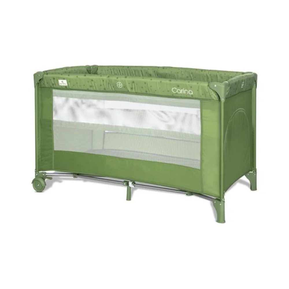 Patut pliabil, Lorelli Carina, 2 nivele, deschidere laterala cu fermoar, prevazut cu roti cu frana, Green Stars