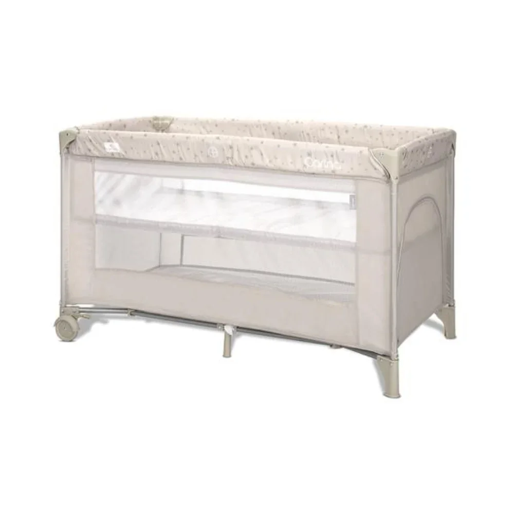 Patut pliabil, Lorelli Carina, 2 nivele, deschidere laterala cu fermoar, prevazut cu roti cu frana, Beige Stars