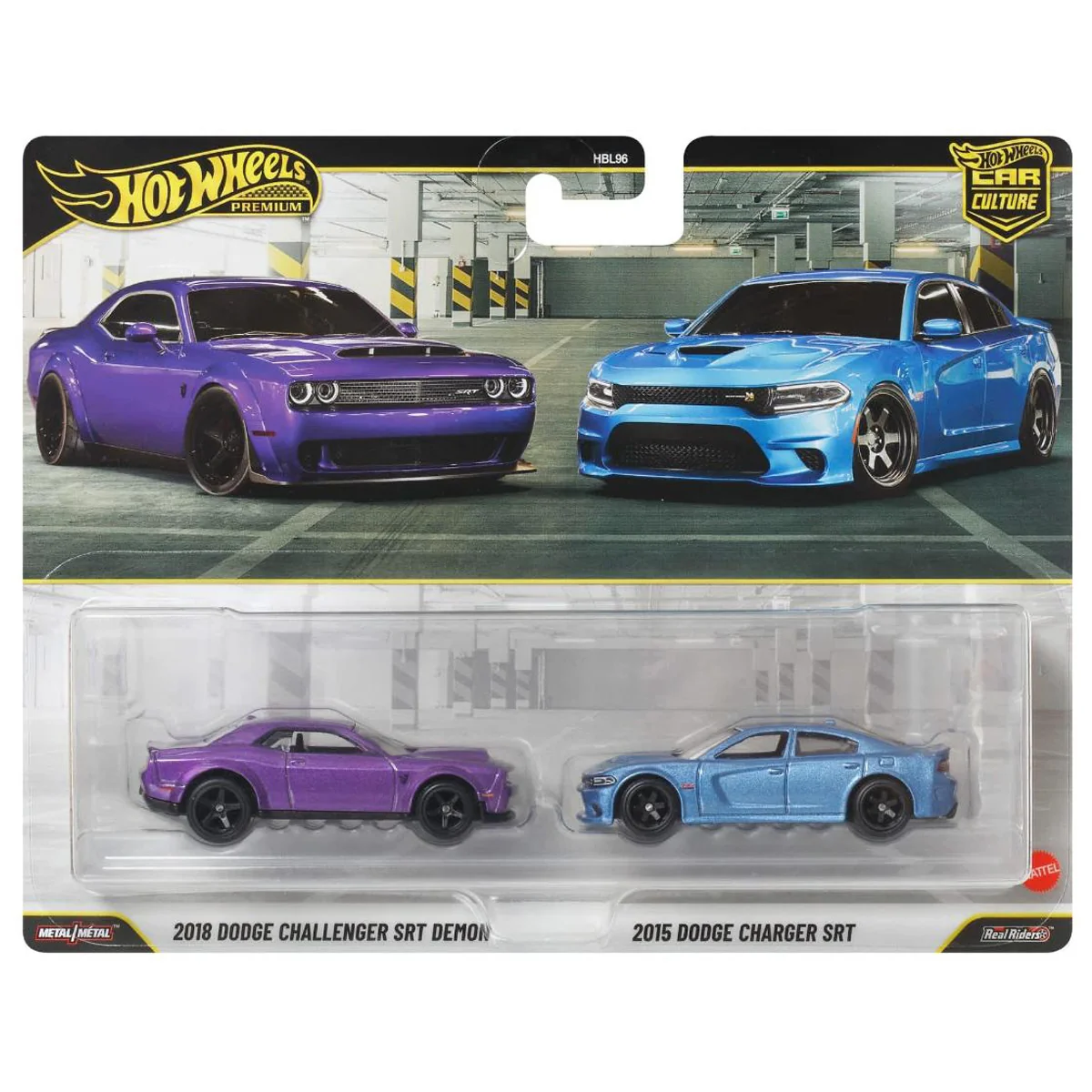 Set 2 masini metalice, Hot Wheels, Car Culture, 2018 Dodge Challenger SRT Demon & 2015 Dodge Charger SRT, JHW47