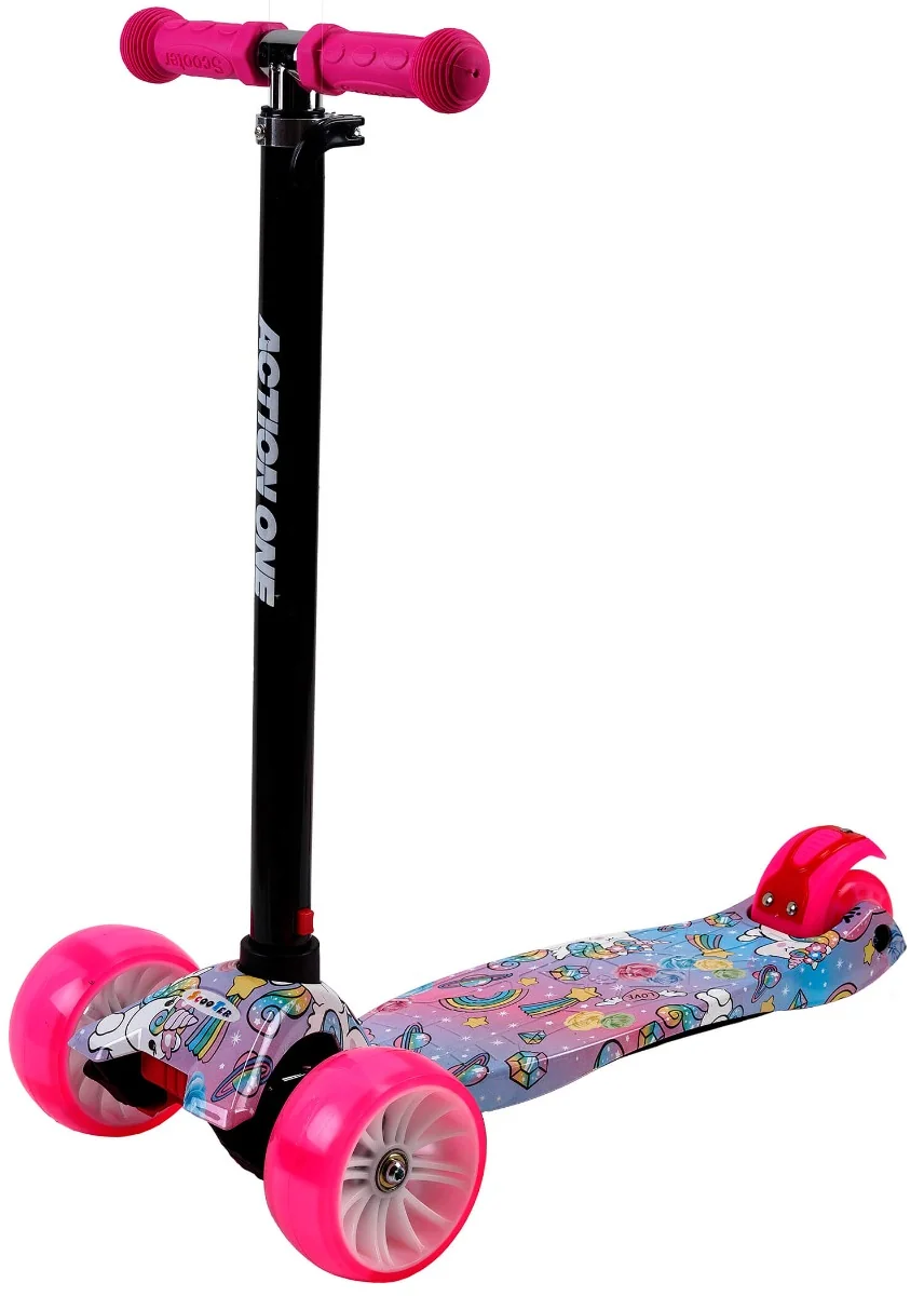 Trotineta Rider Sweet Dreams Unicorns cu roti luminoase si late, Action One, Roz