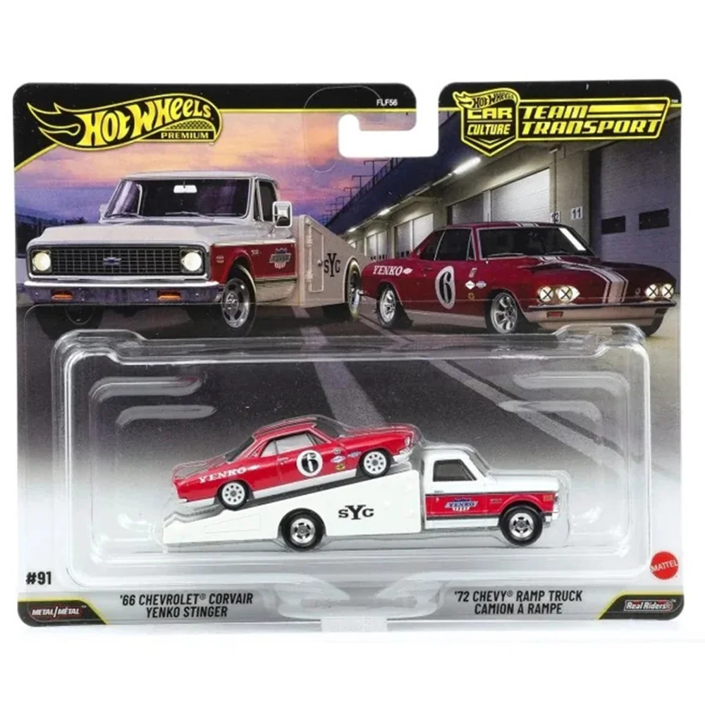 Transportator cu masinuta Hot Wheels, Car Culture Team Transport, 66 Chevrolet Corvair Yenko Stinger si 72 Chevy Ramp Truck C, JHX91