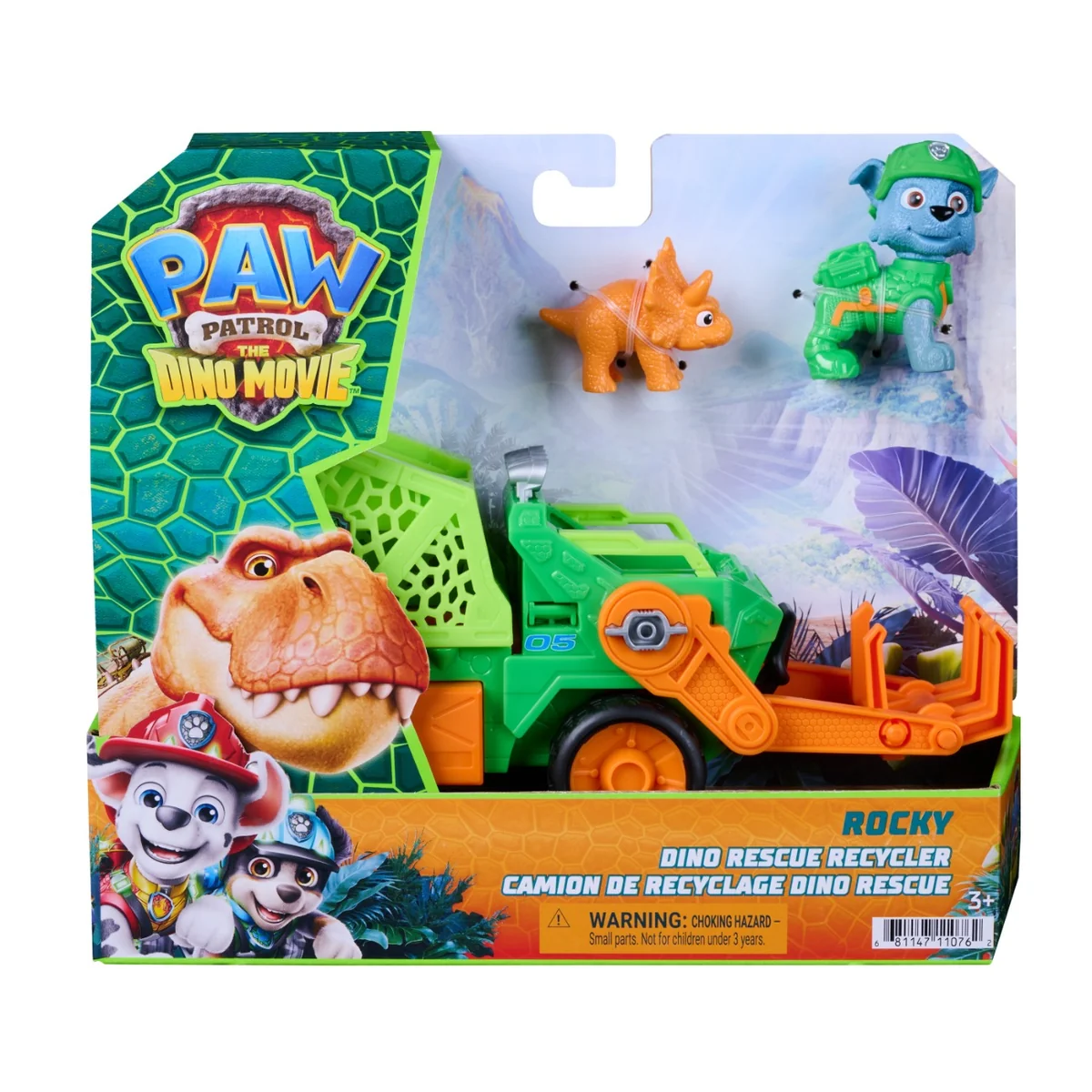 Vehicul de salvare cu figurina, Paw Patrol, Dino Rescue Recycler, Rocky, 6075772