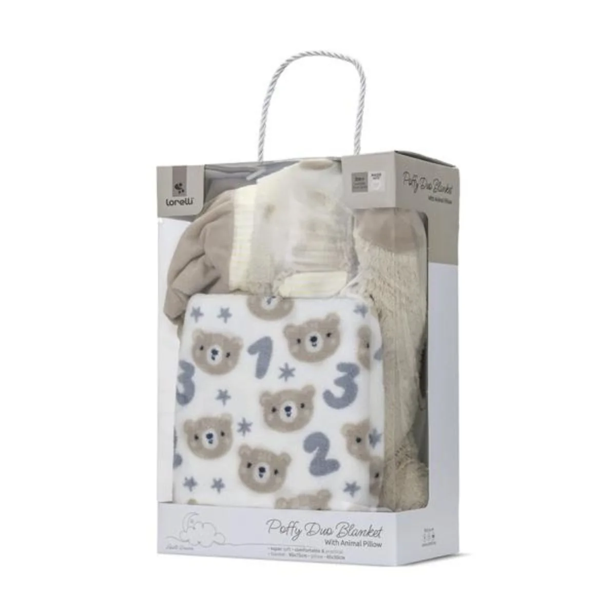 Set 2 piese, Lorelli, paturica moale 90 x 75 cm, pernuta in forma de ursulet 45 x 30 cm, Poffy, Beige