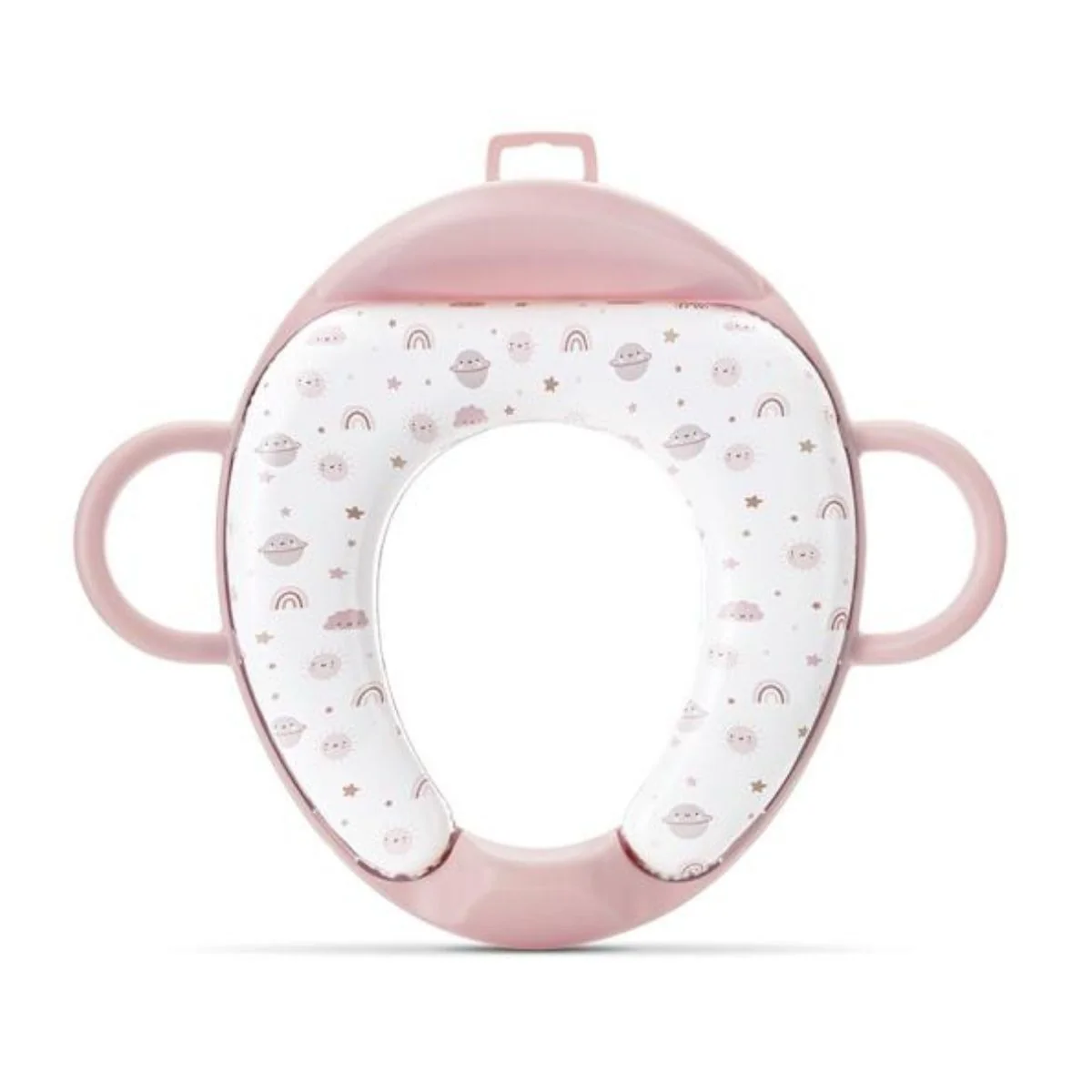 Reductor pentru toaleta, cu spatar si manere, pernita moale detasabila, Lorelli Planets, Pink