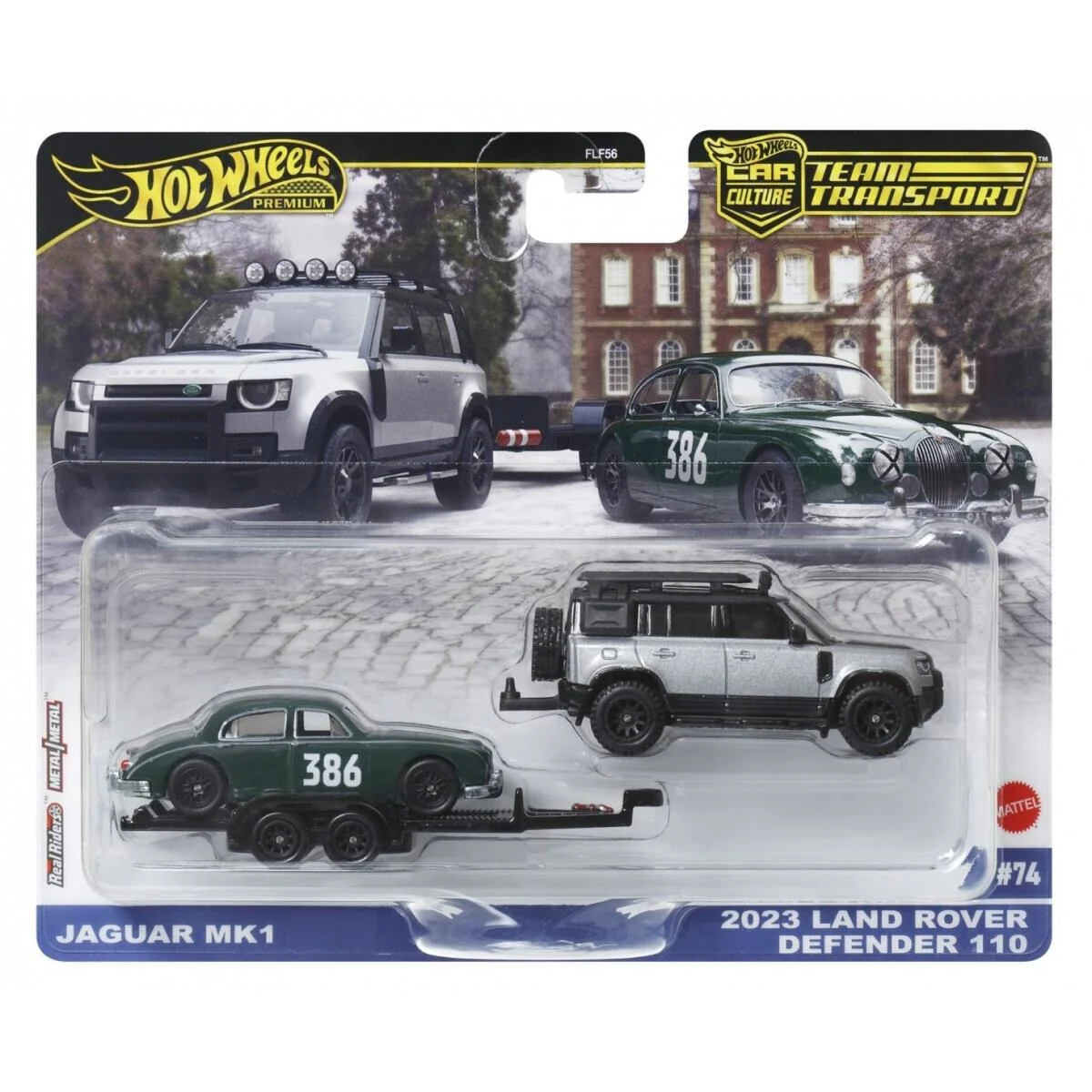 Transportator cu masinuta Hot Wheels, 2023 Land Rover Defender 110 si Jaguar MK1, JBM29
