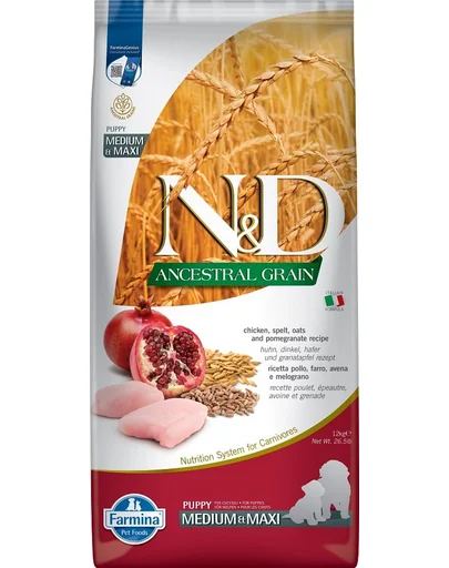 FARMINA N&amp;D Ancestral Grain Puppy Medium&amp;Maxi Chicken&amp;Pomegranate hrana uscata caini juniori talie medie/mare, pui si rodie 12 kg